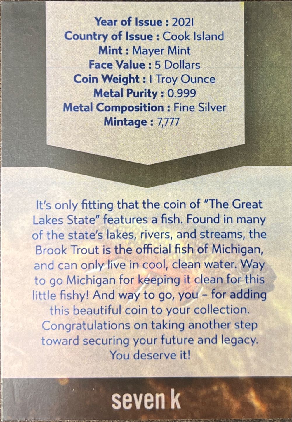 Michigan-Brook Trout  coin collectible - Main Image 4