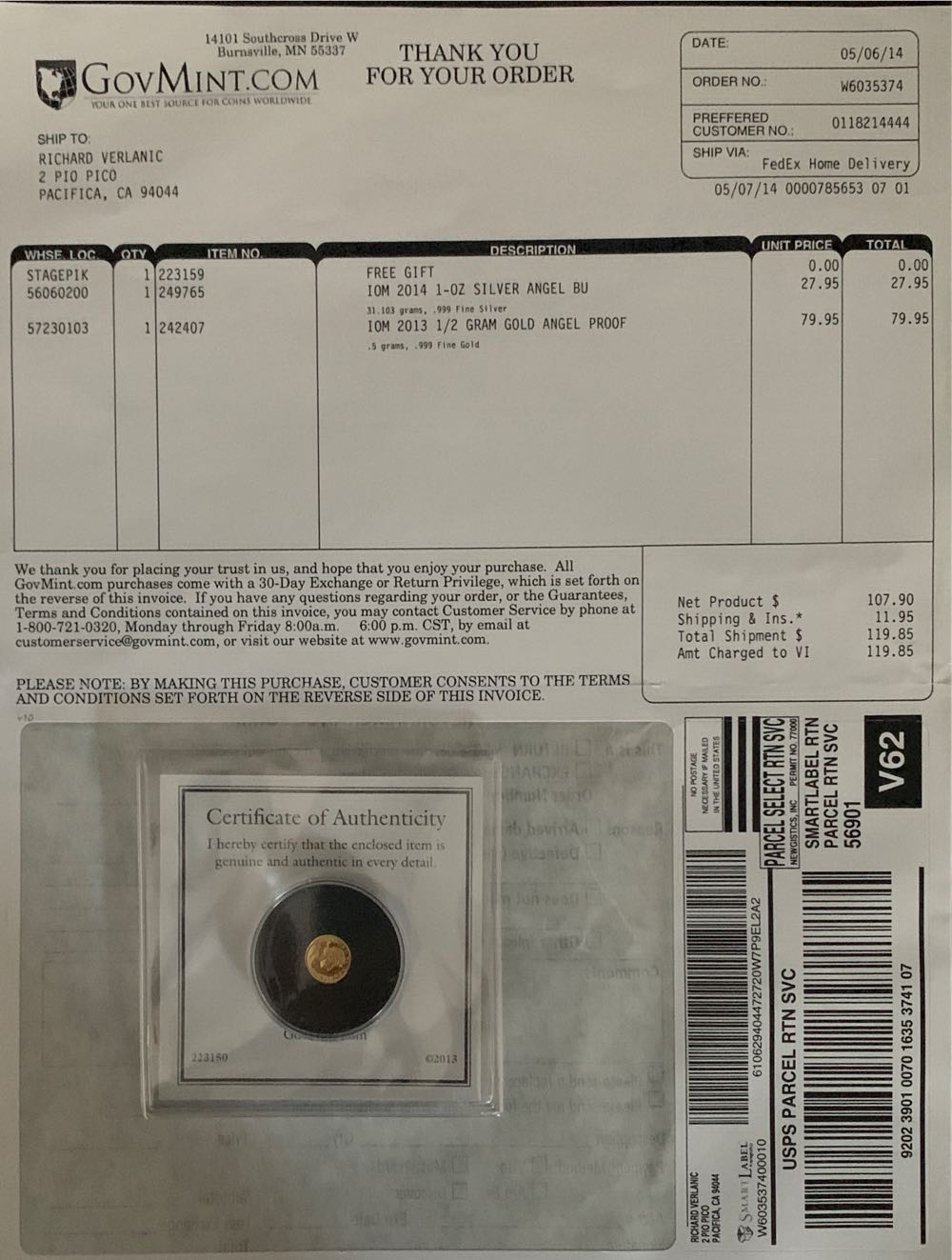 2013 1/2 Gram Gold Angel Proof  coin collectible - Main Image 3