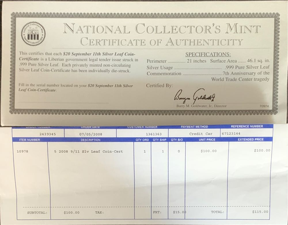 $20 September 11th Silver Leaf Coin Certificate  coin collectible - Main Image 2