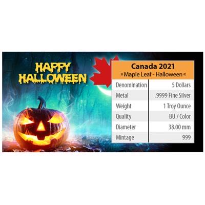 Canada 2021 MAPLE LEAF - 1 OZ  HALLOWEEN - HOUR OF GHOSTS 5 $ | 1 Oz Silver | Uncirculated Mintage only 999 pieces  coin collectible - Main Image 4