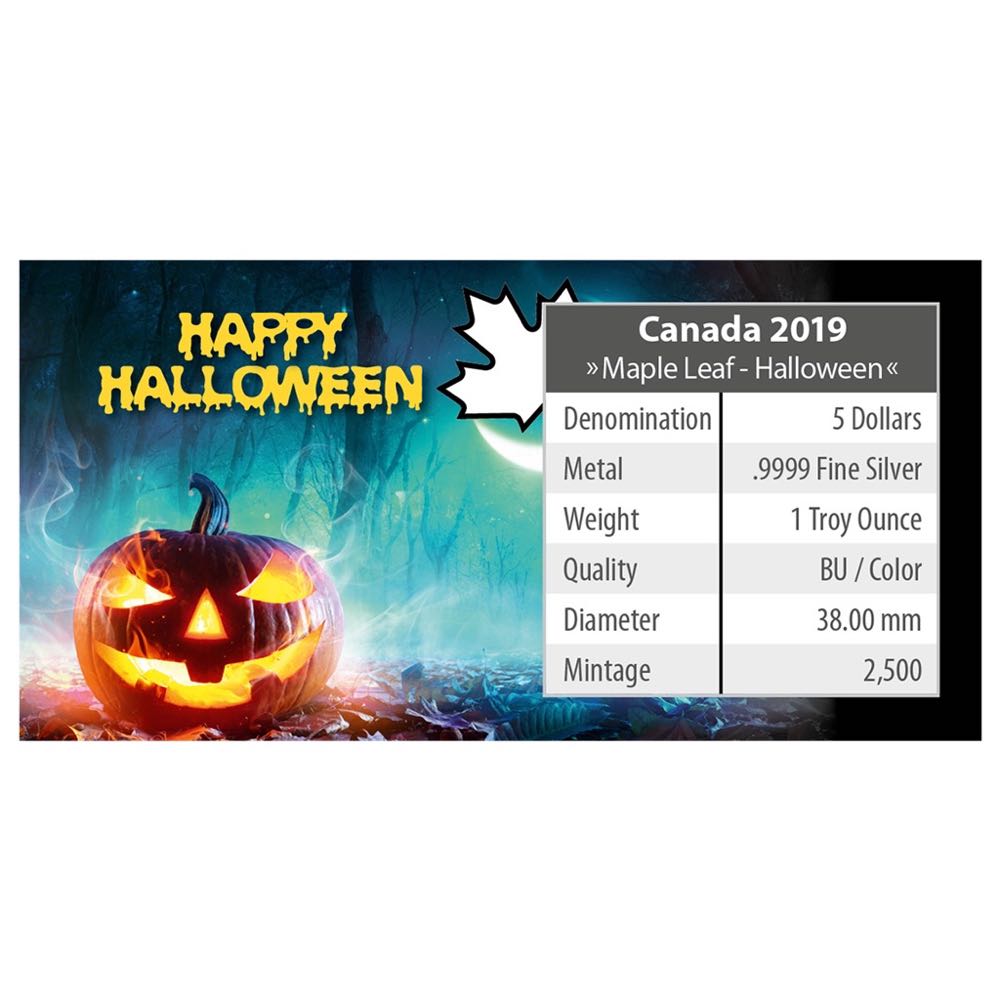 Canada 2019 MAPLE LEAF - 1 OZ  HALLOWEEN - BLOOD RUN COLD 5 $ | 1 Oz Silver | Mintage 2,500  coin collectible - Main Image 4