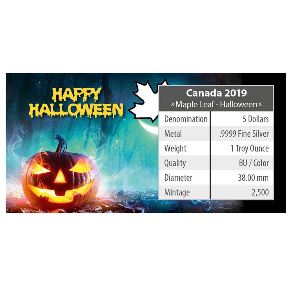 Canada 2019 MAPLE LEAF - 1 OZ  HALLOWEEN -THE WITCHING HOUR 5 $ | 1 Oz Silver | Uncirculated  coin collectible - Main Image 4