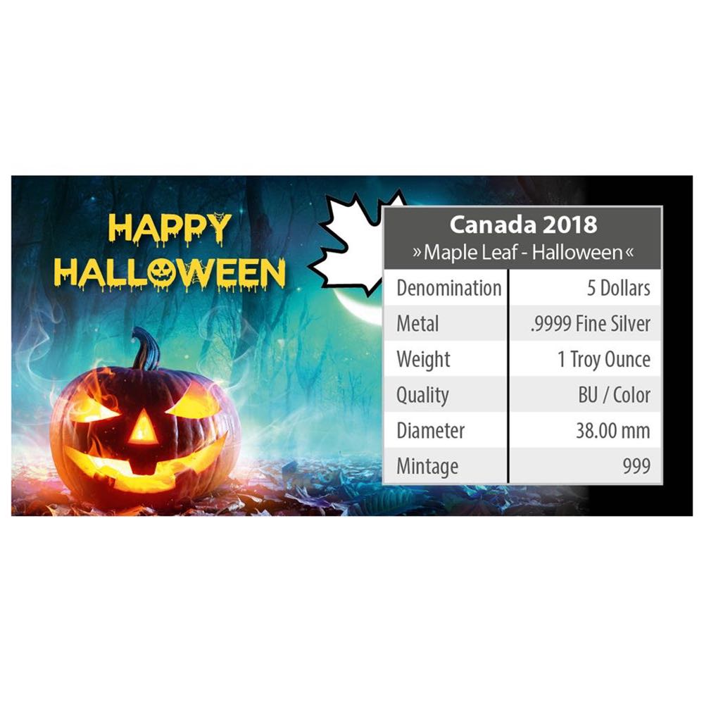 Canada 2018 MAPLE LEAF - 1 OZ - HALLOWEEN (1.)  SPECIAL EDITION 5 $ | 1 Oz Silver | Uncirculated Mintage 999  coin collectible - Main Image 4