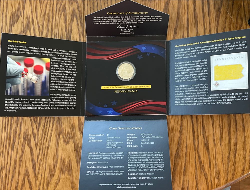 2019 US Mint American Innovation $1 Reverse Proof Pennsylvania  coin collectible [Barcode 704785961777] - Main Image 4