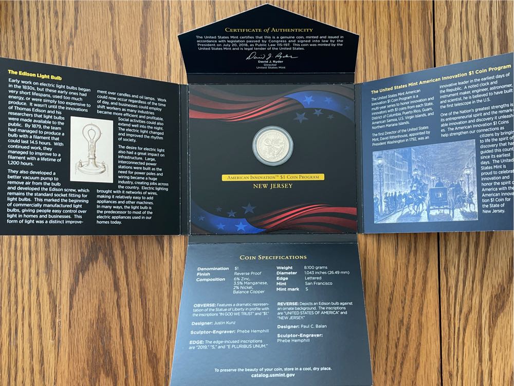 2019 US Mint American Innovation $1 Reverse Proof New Jersey  coin collectible [Barcode 704785961784] - Main Image 4