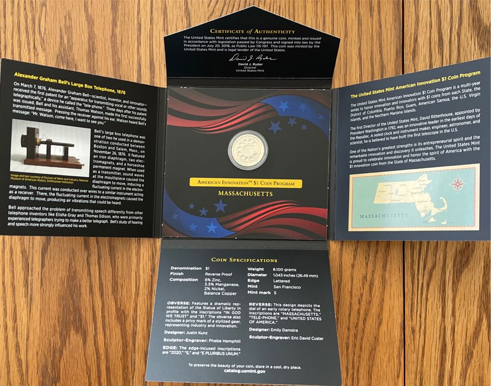 2020 US Mint American Innovation $1 Reverse Proof Massachusetts  coin collectible [Barcode 704786160247] - Main Image 4