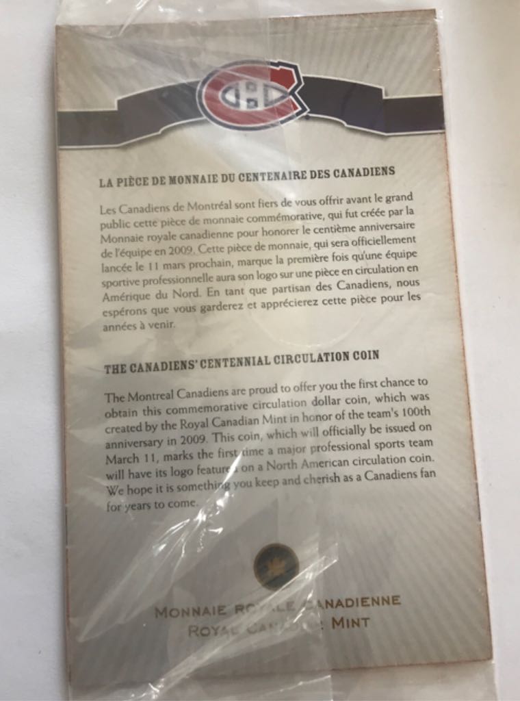 Carton Pièce De Monnaie Du Centenaire Du Canadiens De Montréal  coin collectible - Main Image 2