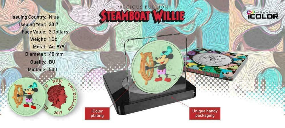 Niue 2017 2$ Steamboat Willie - Andy Warhol - Green - 1 Oz Silver Coin  coin collectible - Main Image 4