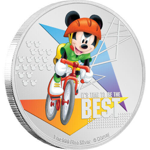 2020 Niue Disney CYCLING (3.) Mickey Mouse “IT’S TIME TO BE THE BEST” 1 oz .999 Silver 2$ Proof COA  coin collectible - Main Image 1