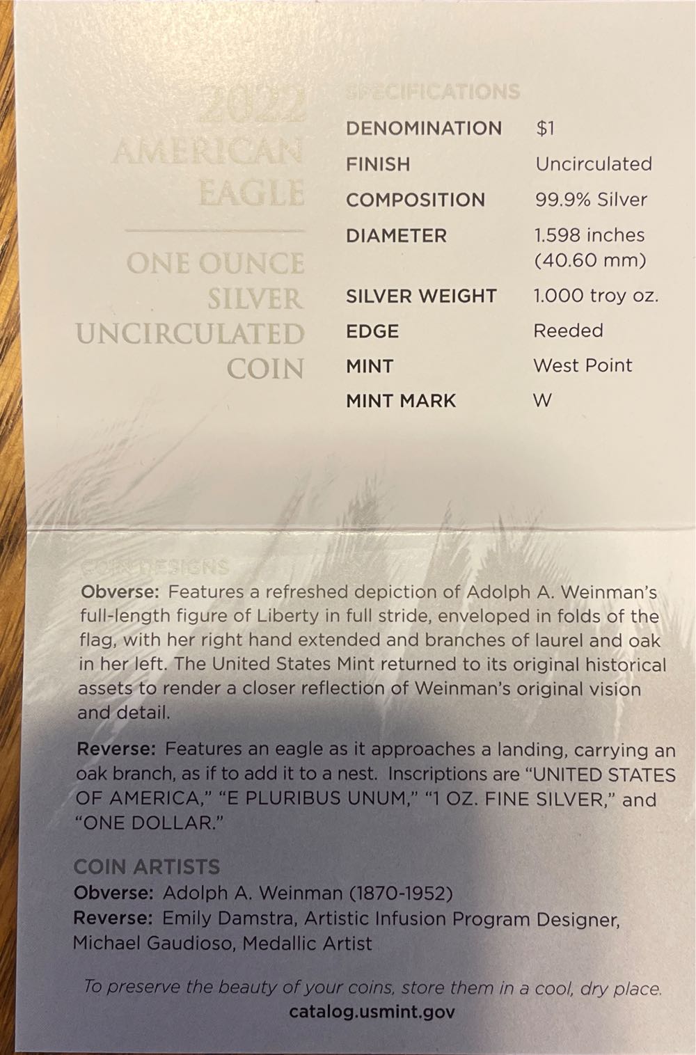 American Eagle W 2022  coin collectible [Barcode 704786340625] - Main Image 4