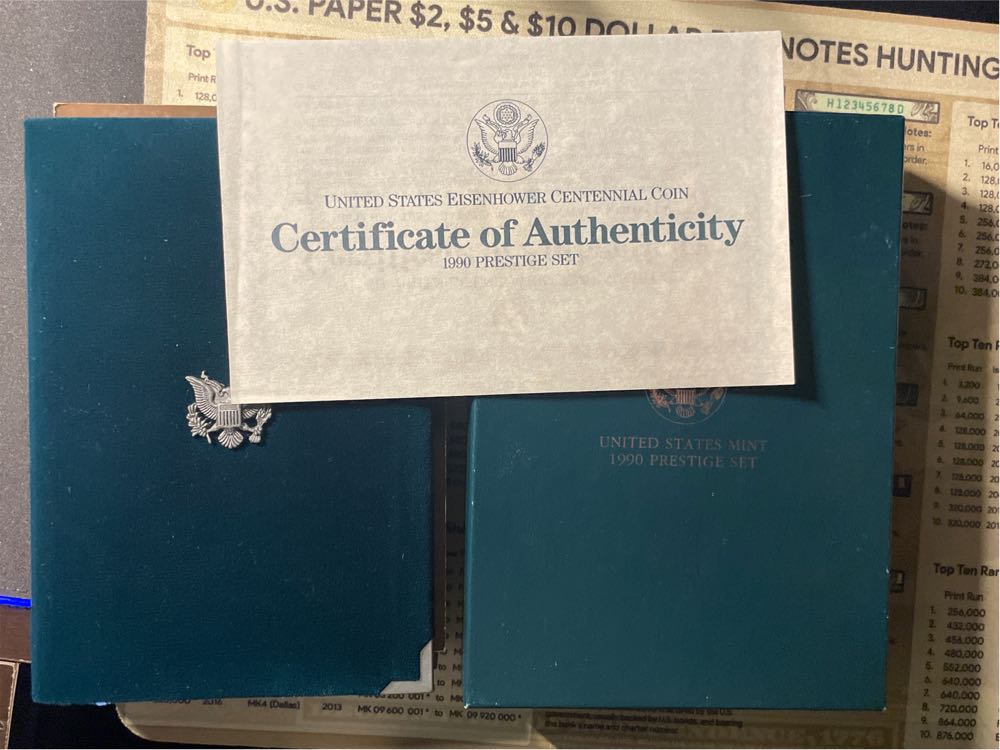 1990 S US Mint Prestige Proof Set OGP Box COA with IKE Silver Dollar #7308  coin collectible - Main Image 2