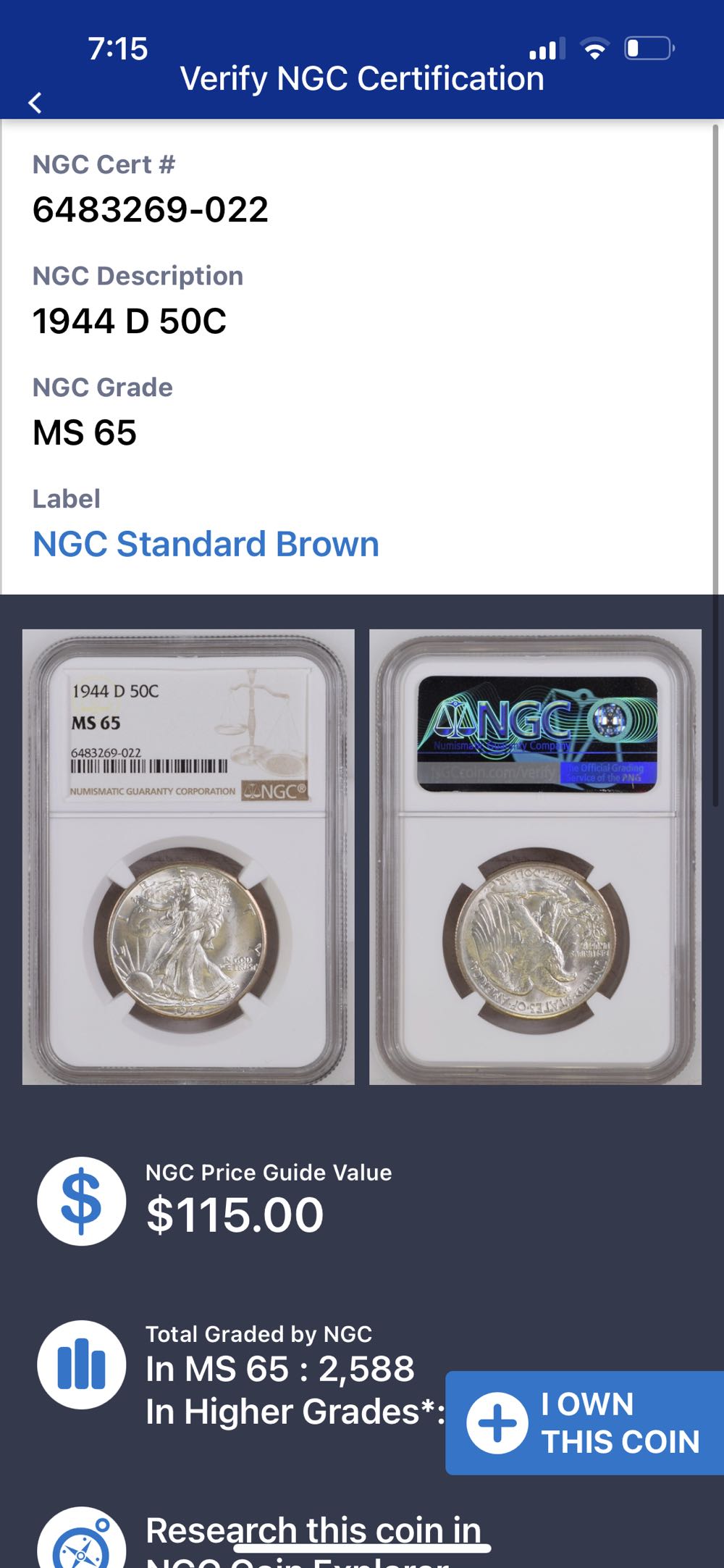 Walking Liberty Half 1944-D  coin collectible - Main Image 3