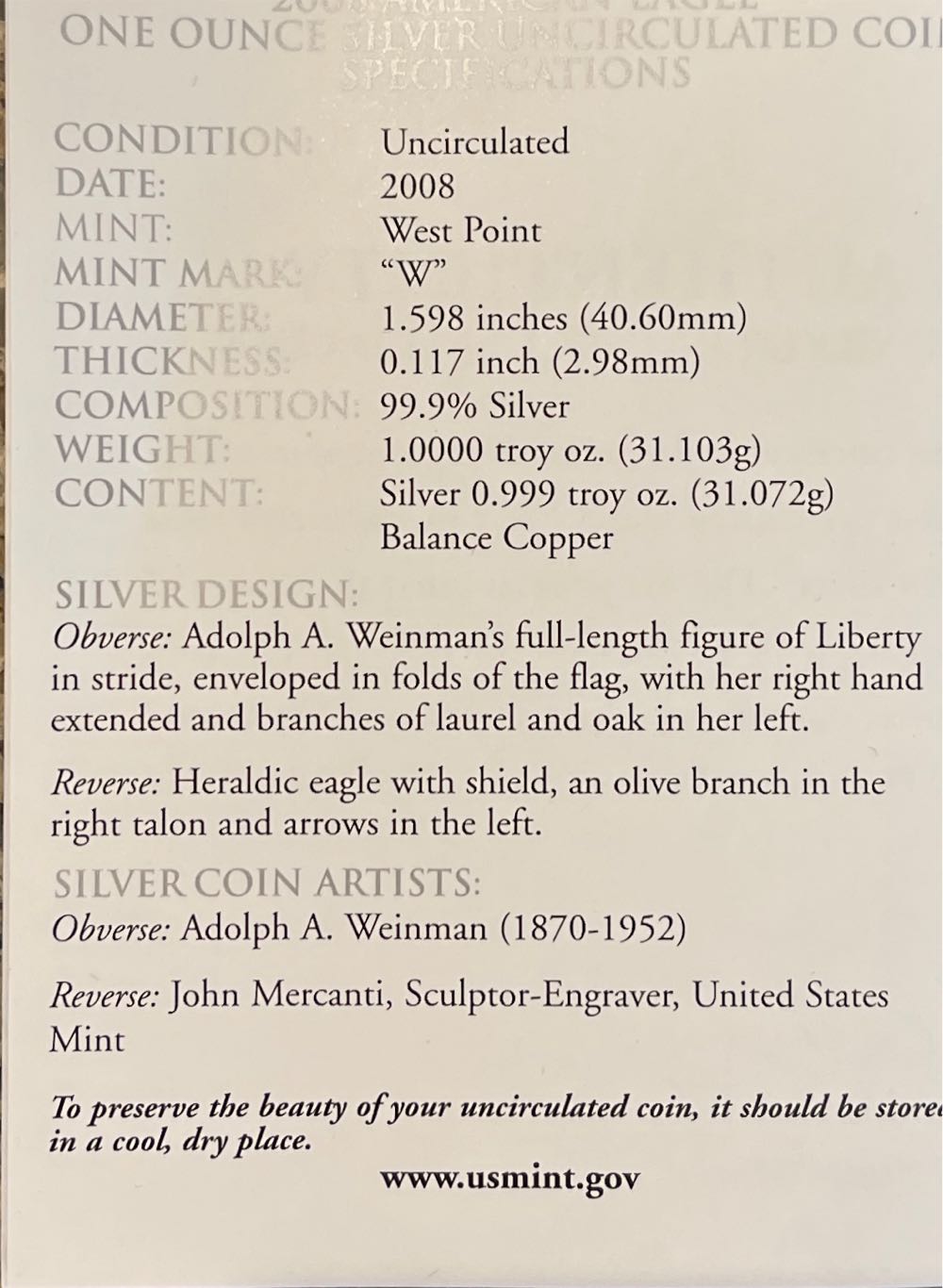 2008 W US Mint American Eagle One Ounce Silver Uncirculated w/Reverse of 2007  coin collectible [Barcode 704785056558] - Main Image 4