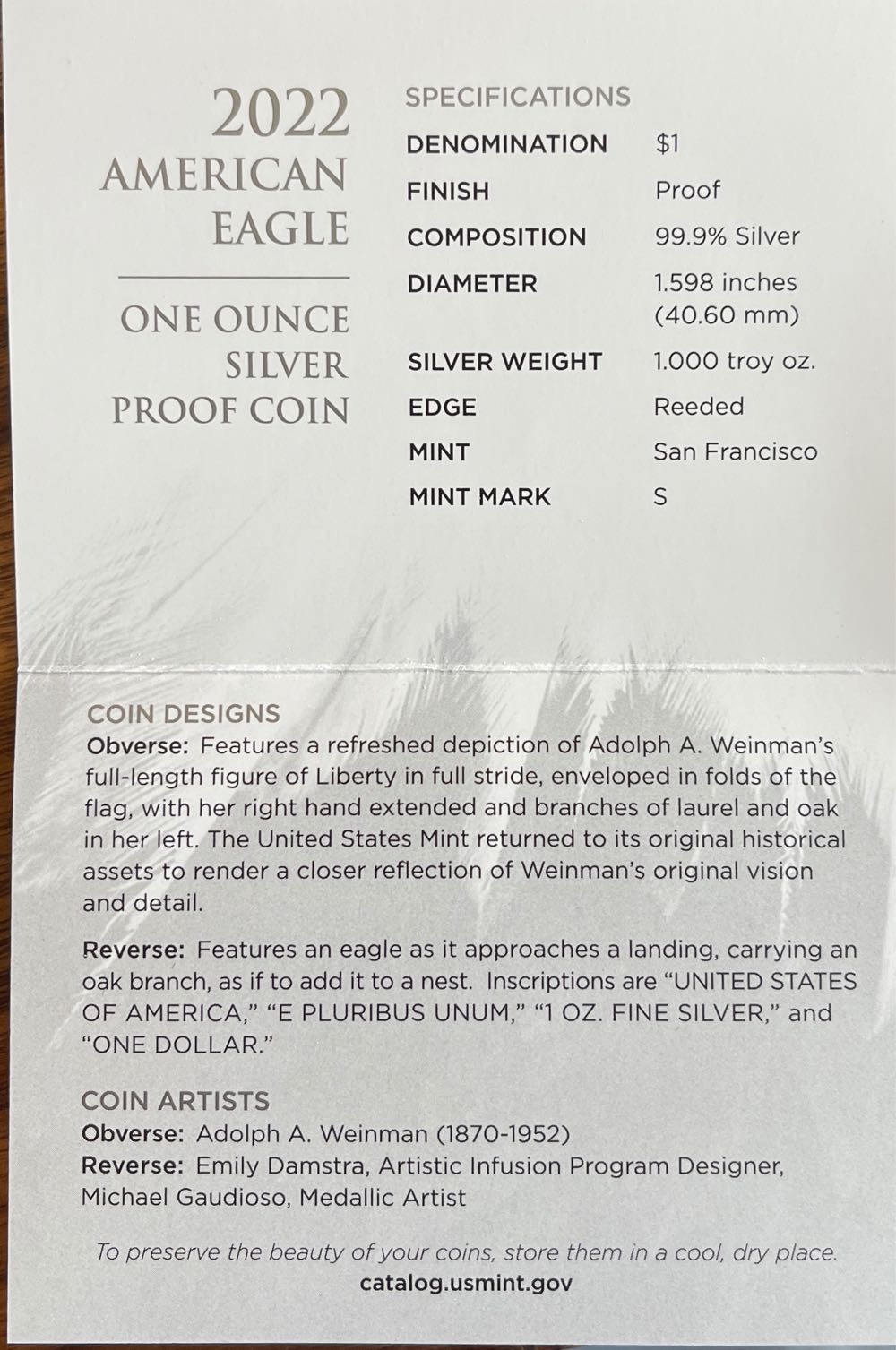 American Eagle 2022-S 1 oz Silver Proof (22EM Sticker)  coin collectible [Barcode 704786340489] - Main Image 4