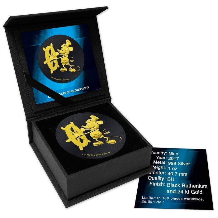 Niue 2017 2$ Disney Mickey Mouse Steamboat Willie Gilded Black Ruthenium Coin - 1 Oz  coin collectible - Main Image 2