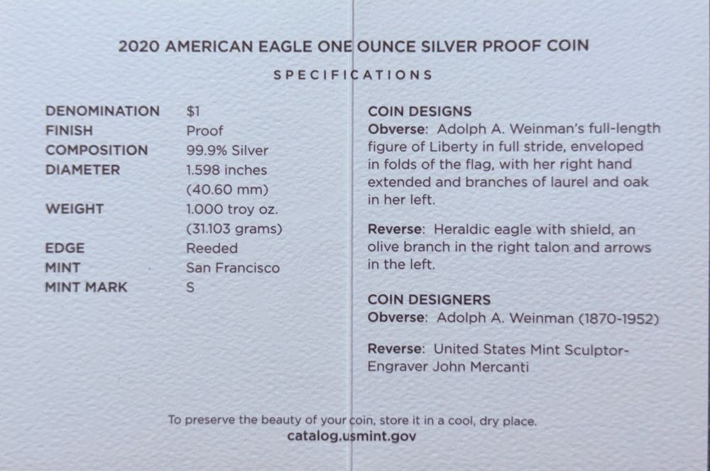 American Eagle 2020-S 1oz Silver Proof  coin collectible [Barcode 704786160162] - Main Image 3