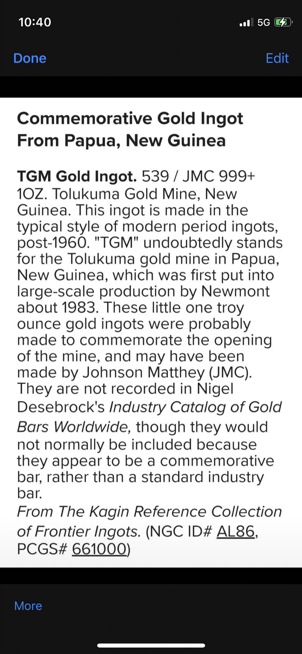 1 Oz JMC Gold Ingot  coin collectible - Main Image 3