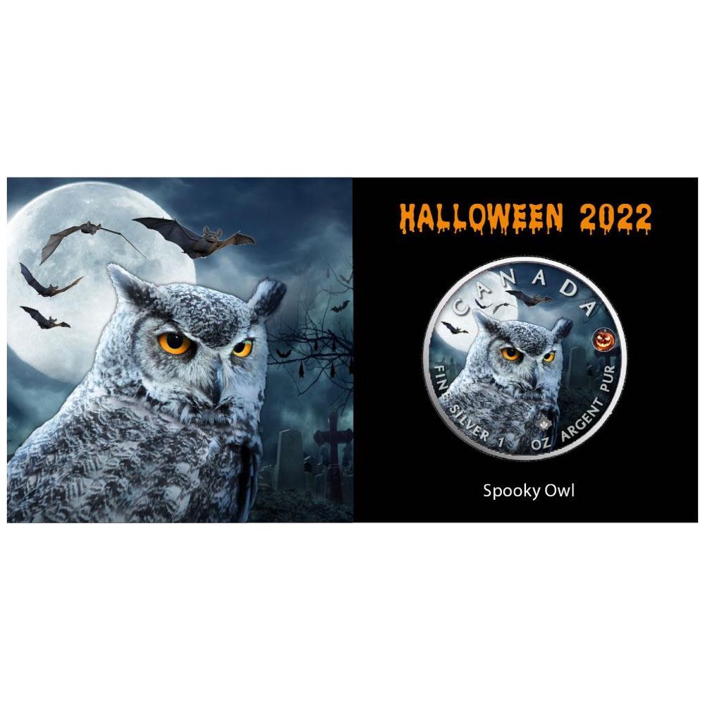 Canada 2022 MAPLE LEAF - 1 OZ  HALLOWEEN - SPOOKY OWL 5 $ | 1 Oz Silver | Uncirculated Mintage only 999 pieces  coin collectible - Main Image 3