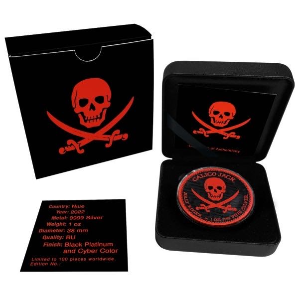 2022 1oz $2 NZD Niue Calico Jack - Jolly Roger Series Black Platinum Cyber Red Silver Coin coin collectible - Main Image 3