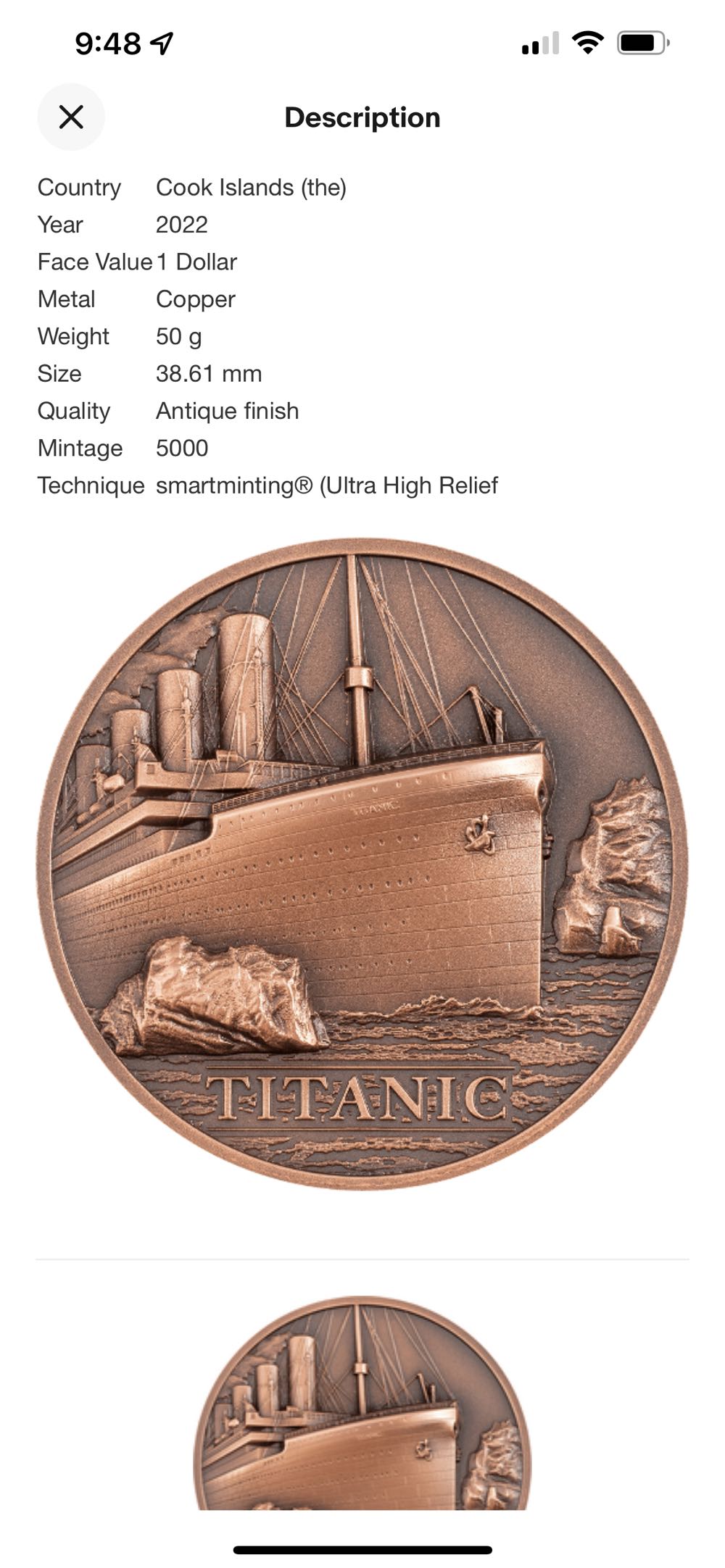 2022 Cook Islands Copper Titanic  coin collectible - Main Image 4