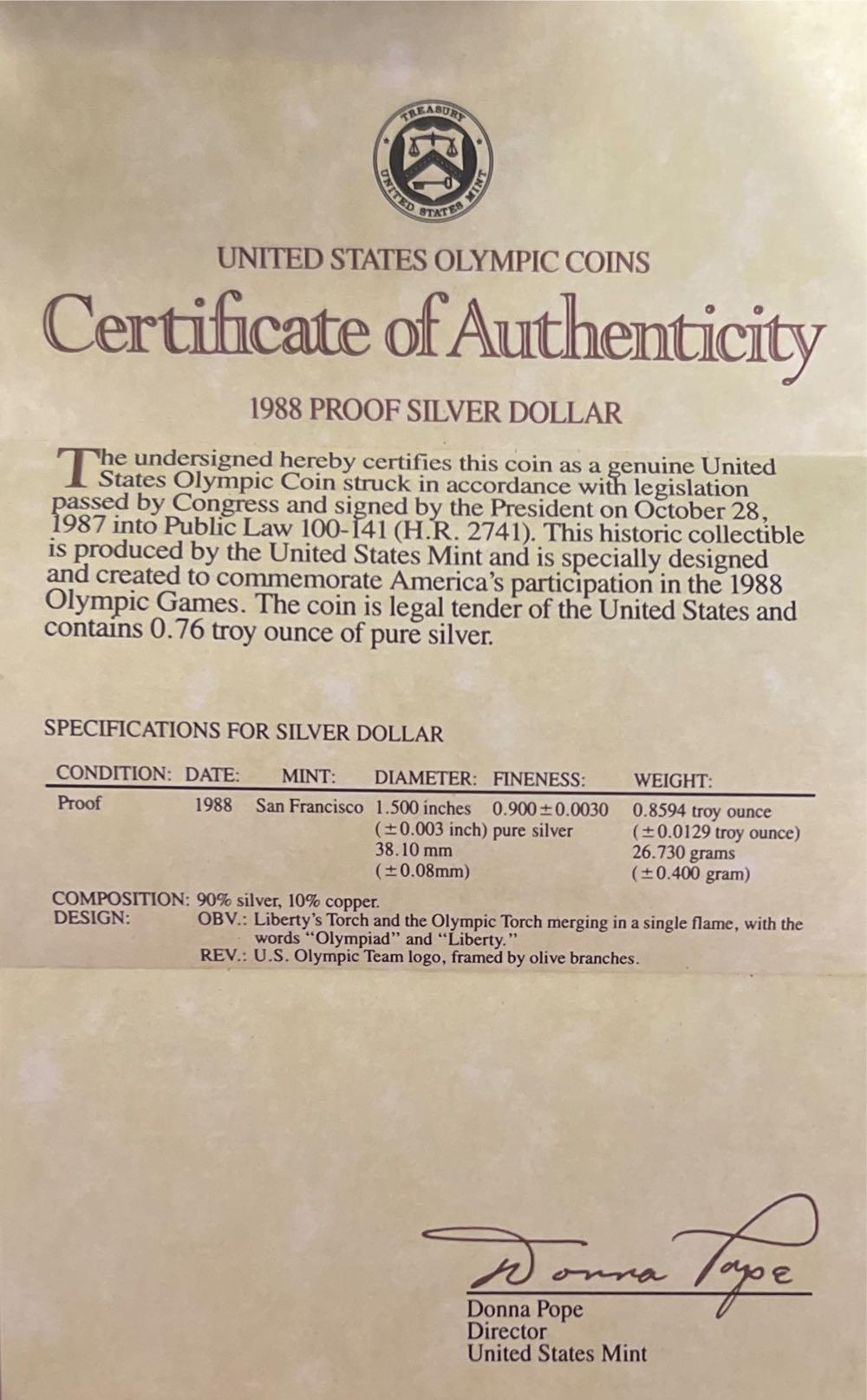 Olympic Silver Dollar - 1988 S  coin collectible - Main Image 4