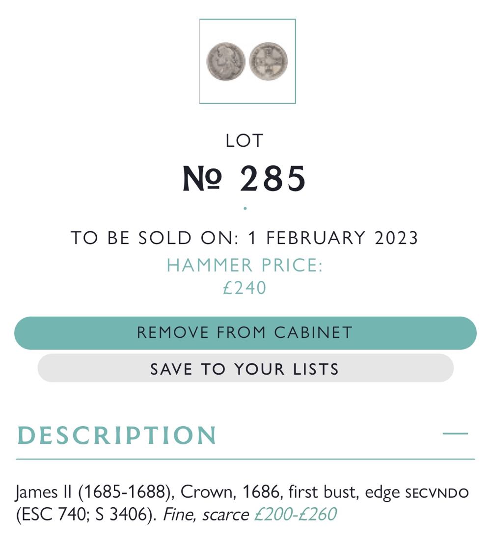 1686 Crown SECUNDO - F  coin collectible - Main Image 3