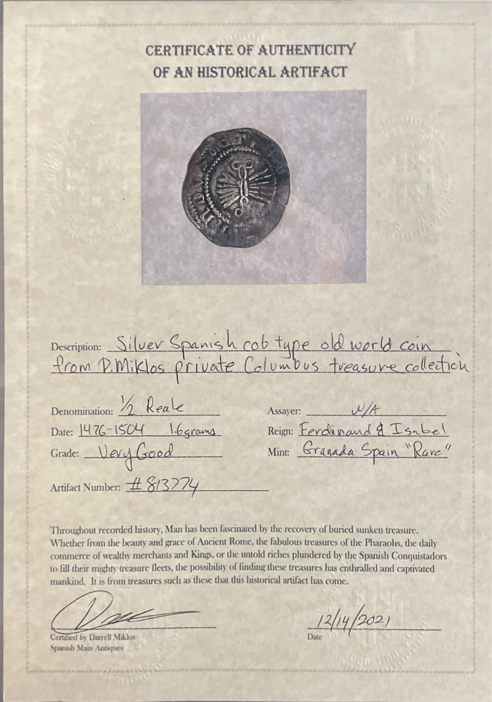 Christopher Columbus 1/2 Reale (1476-1504)  coin collectible - Main Image 3