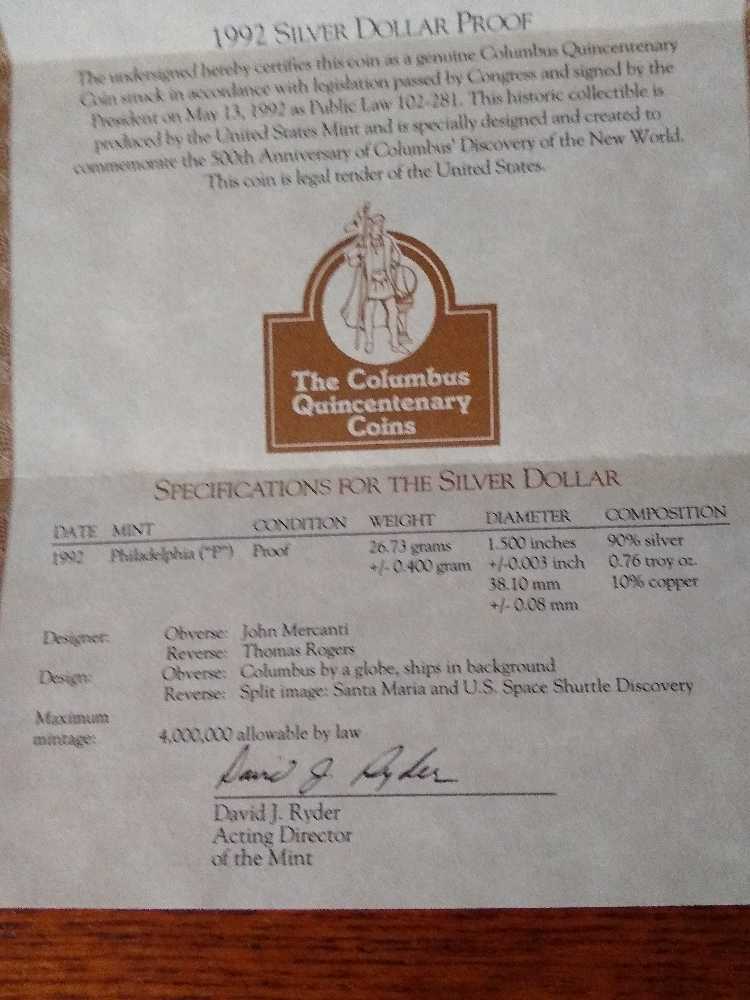 Silver 1992 Columbus Quincentenary Silver Dollar Proof x 3  coin collectible - Main Image 4