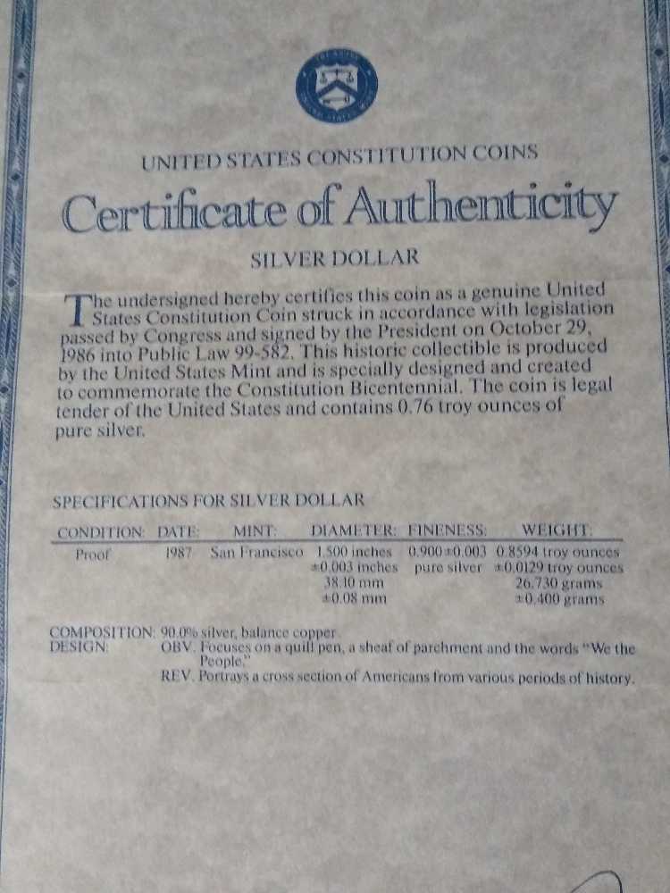 Silver 1987 United States Constitution Coins Silver Dollar  coin collectible - Main Image 3
