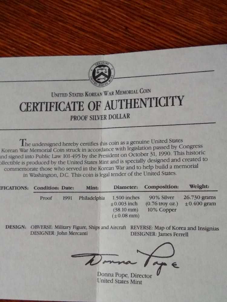 Commemorative Korean War Memorial U.S. Proof Silver Dollar 1991  coin collectible - Main Image 3