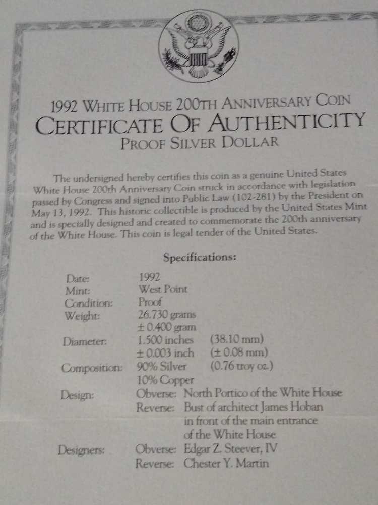 Commemorative White House 200th Anniversary Proof Silver Dollar x 2 1992  coin collectible - Main Image 3