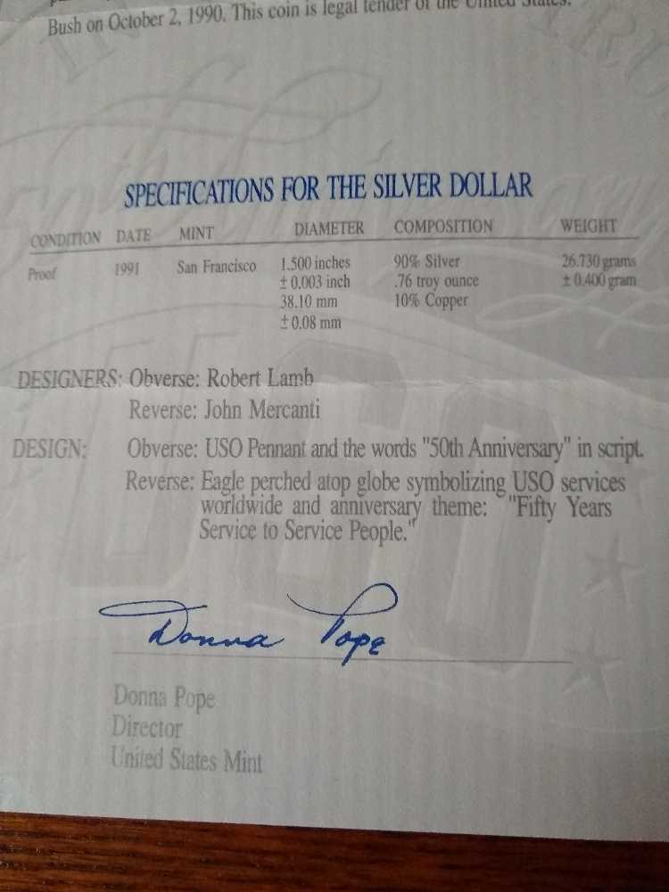 U.S. USO Silver Dollar S Proof 1991  coin collectible - Main Image 3