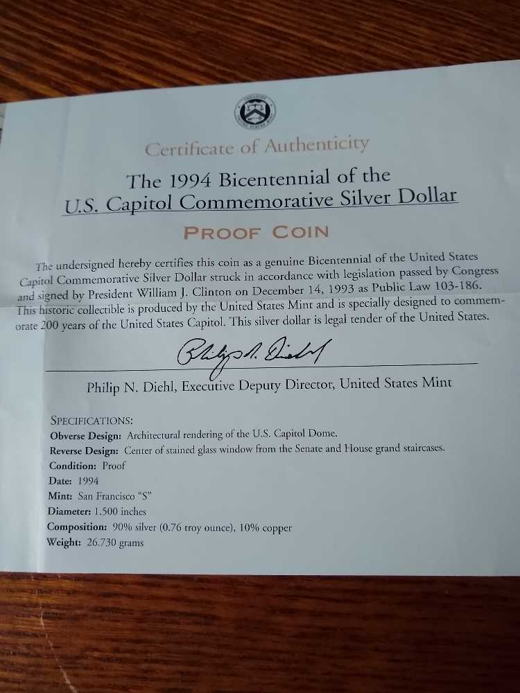 Commemorative US Capitol Bicentennial Silver Dollar 1994  coin collectible - Main Image 3