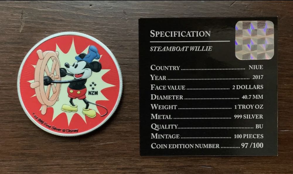 2017 Steamboat Willie 1 oz Silver / Colorized #97 of L.E. of 100  coin collectible - Main Image 4