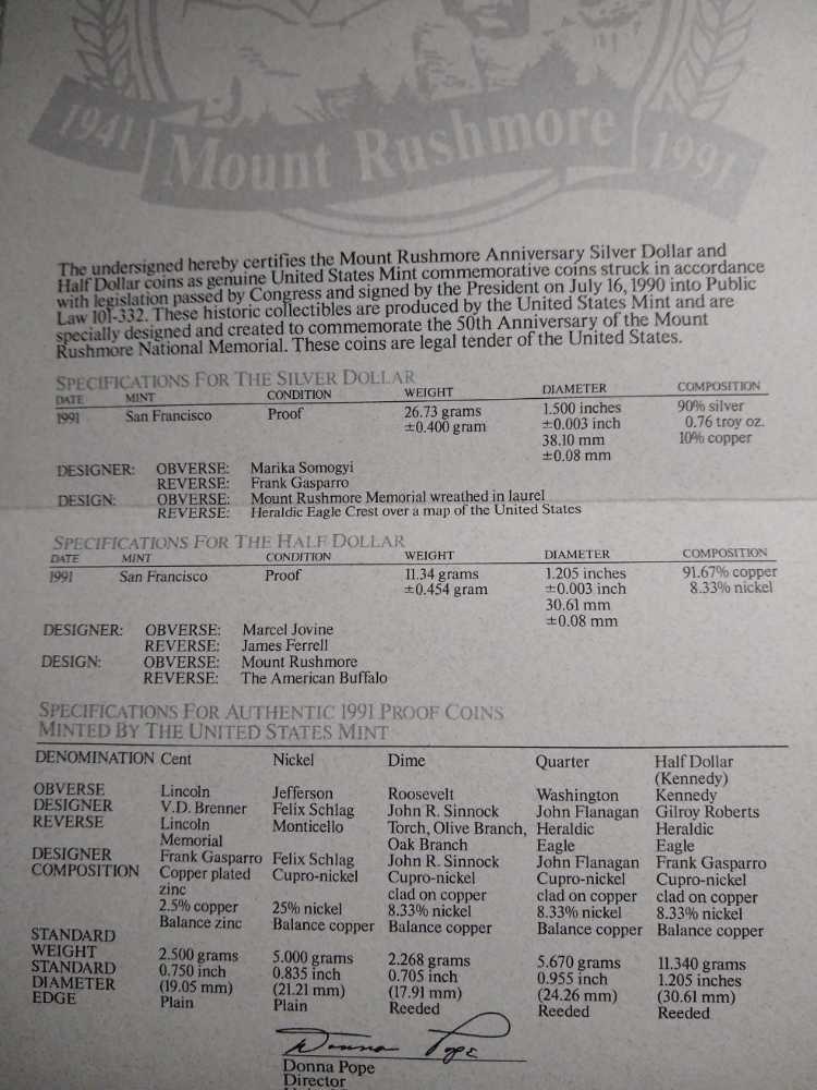 1991 S Prestige Mount Rushmore Proof  coin collectible - Main Image 4