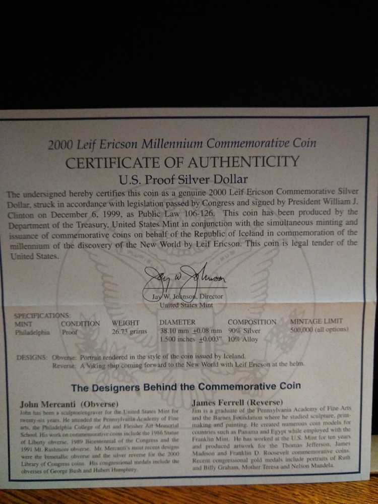 Commemorative Leif Ericson 2000 Millennium Commemorative Silver Dollar Coin P  Proof   coin collectible - Main Image 4