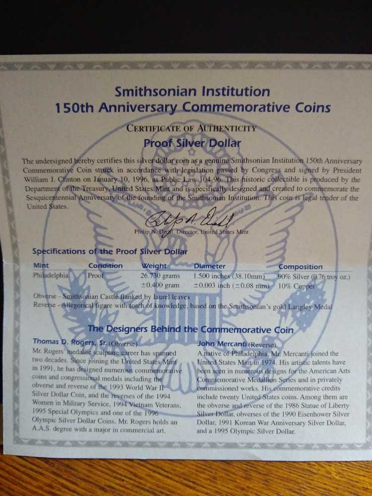 Smithsonian Institution 1996 150th Anniversary 1996 Silver Dollar Commemorative P Proof   coin collectible - Main Image 4