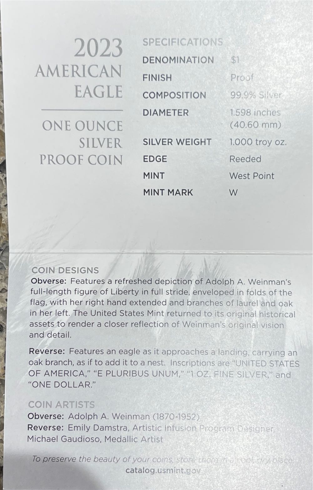 D. 2023 American Eagle PR W T2  coin collectible [Barcode 704786450867] - Main Image 4