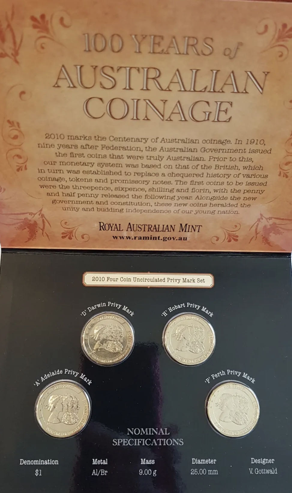 100 Years of Australian Coinage 4 x 2010 $1 Coins Uncirculated Privy Mark Set  coin collectible [Barcode 9314688034839] - Main Image 2