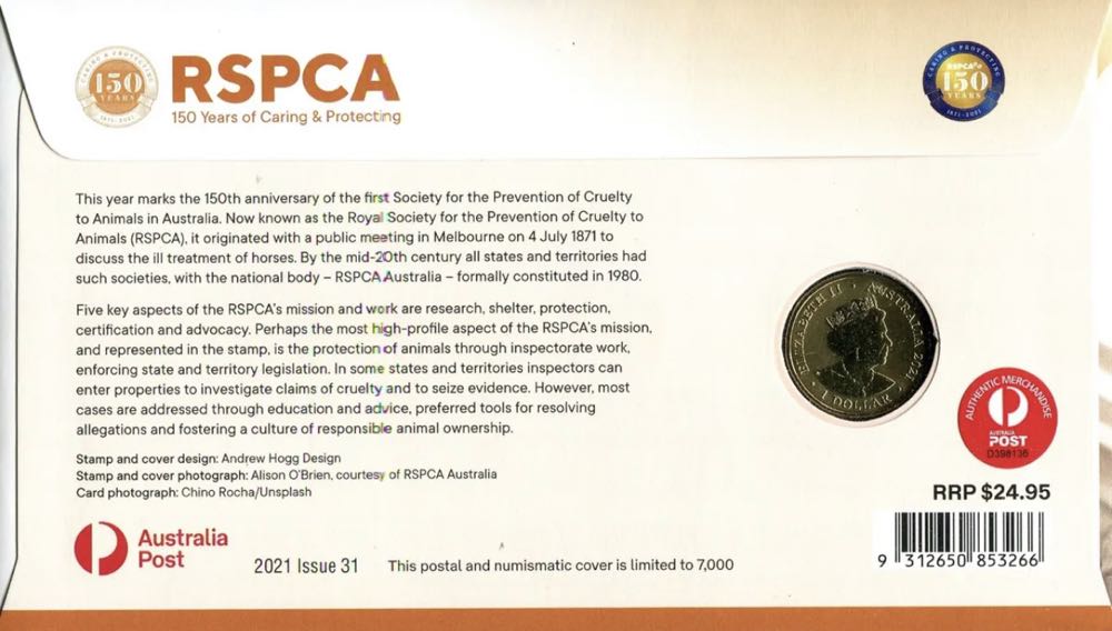 2021 RSPCA 150 Years Caring & Protecting Dog PNC/FDC RAM $1 colored coin & Stamp  coin collectible [Barcode 9312650853266] - Main Image 2