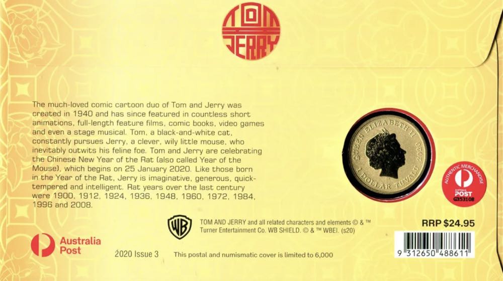 Tom and Jerry PNC/FDC Mint $1 colored JERRY coin and $1.1  stamp  coin collectible [Barcode 9312650488611] - Main Image 2