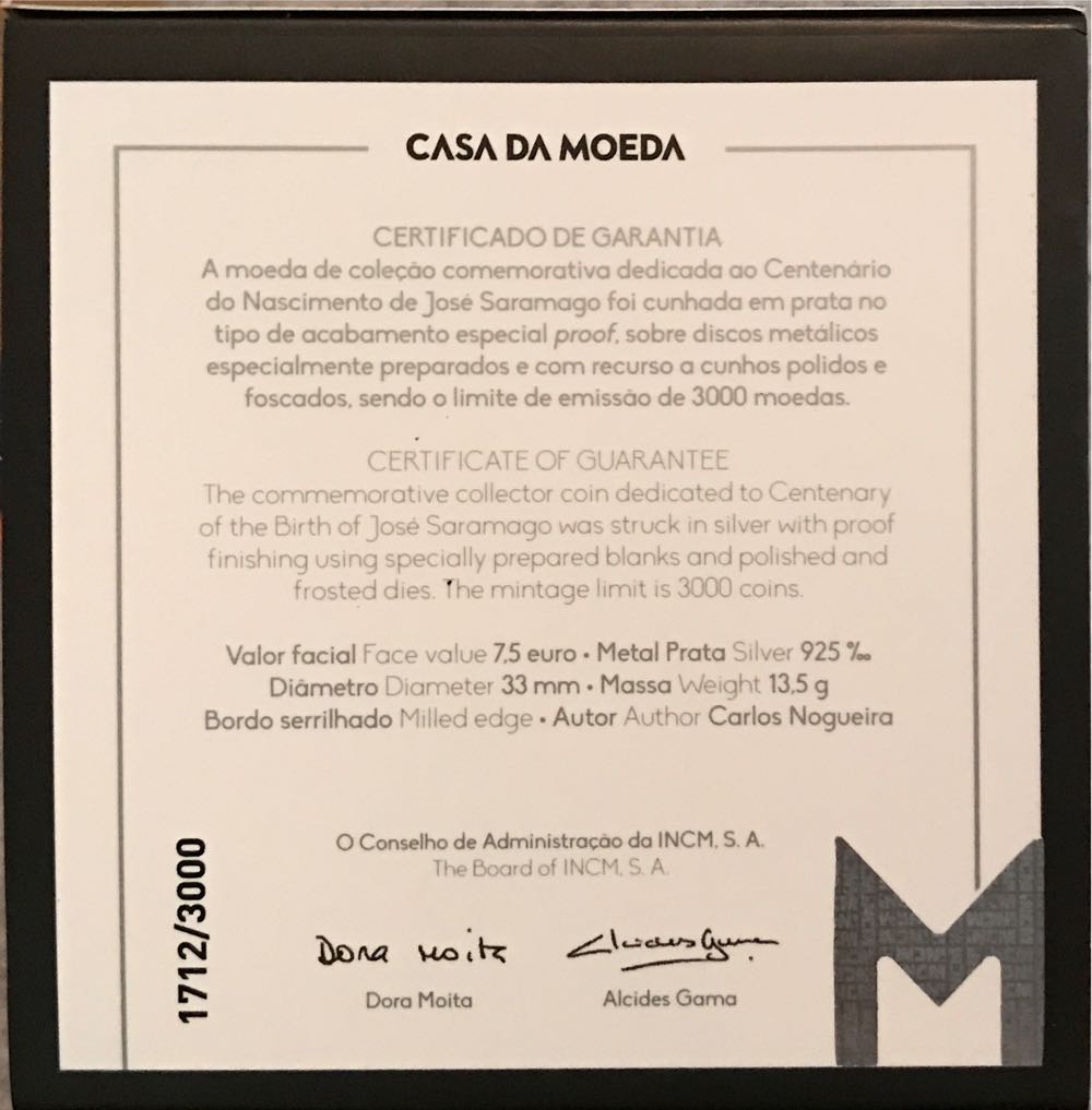 José Saramago 100 Anos  coin collectible [Barcode 5601147086503] - Main Image 3