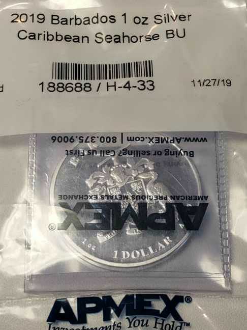2019 1 Ounce Silver Barbados Caribbean Seahorse   coin collectible - Main Image 2