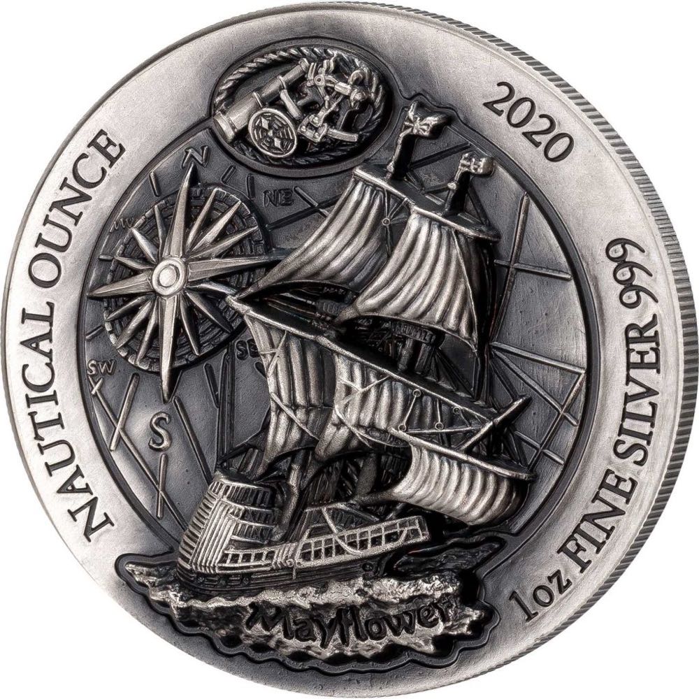 MAYFLOWER NAUTICAL OUNCE – 2020 1 OZ HIGH RELIEF ANTIQUE FINISH SILVER COIN – RWANDA coin collectible - Main Image 1