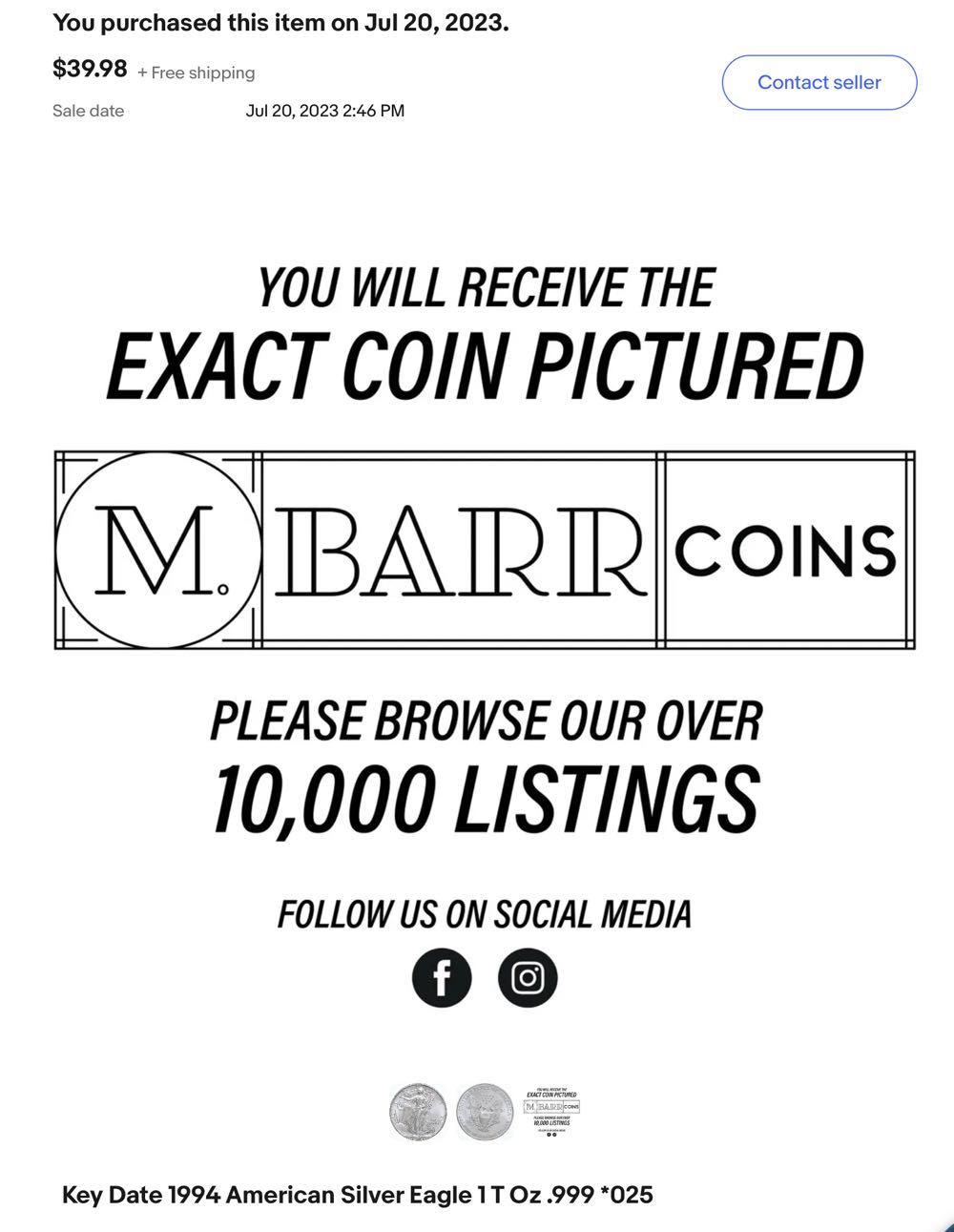 A - American Silver Eagle 1994 *025  coin collectible - Main Image 3