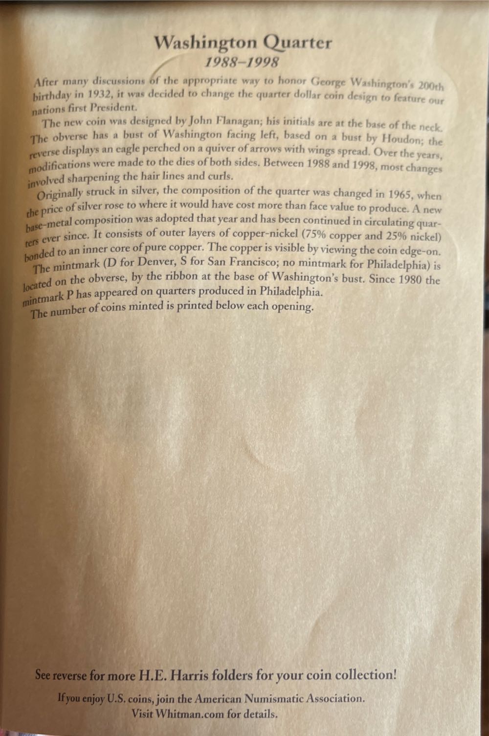 Washington Quarters Folder 1988-1998  coin collectible [Barcode 9780937458204] - Main Image 4