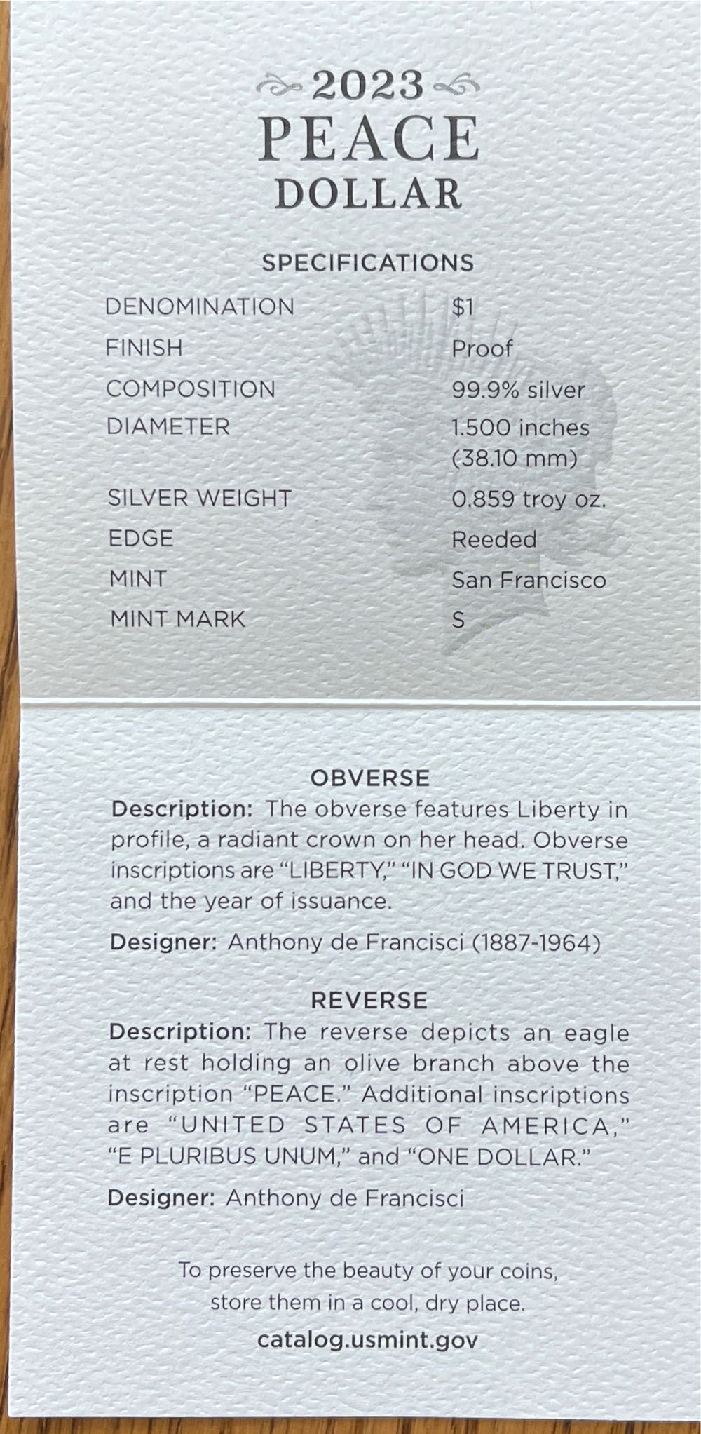 2023 S Peace Silver Dollar Proof  coin collectible [Barcode 704786450799] - Main Image 4