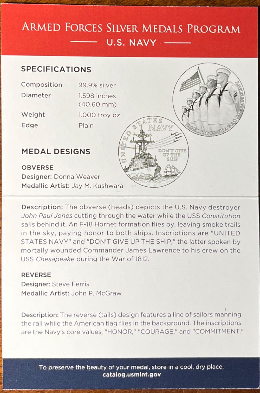 Armed Forces Silver Medal Navy  coin collectible [Barcode 704786340458] - Main Image 4