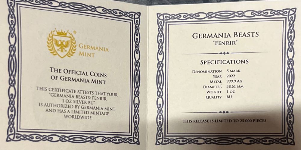Germania Silver Round - 2022 Wolf Fenrir  coin collectible - Main Image 2