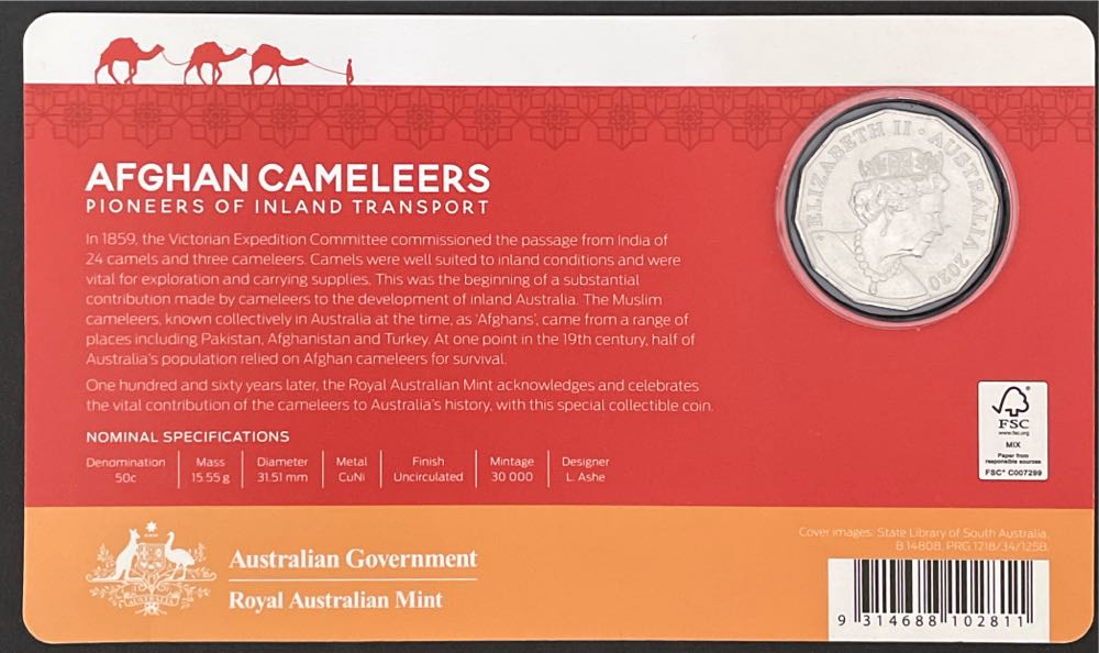 Australia: 50 Cent Afghan Cameleers On 50c Of .. The Uncirculated Pioneers Inland Transport Carded  coin collectible [Barcode 9314688102811] - Main Image 2